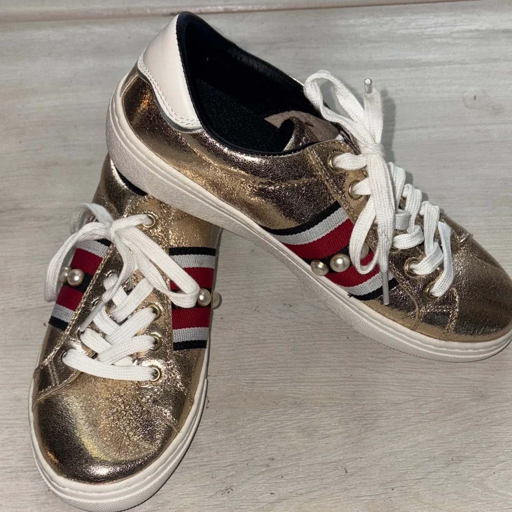 Skechers Metallic Gold Sneakers with Red and White Accents and Pearl details - Picture 6 of 6